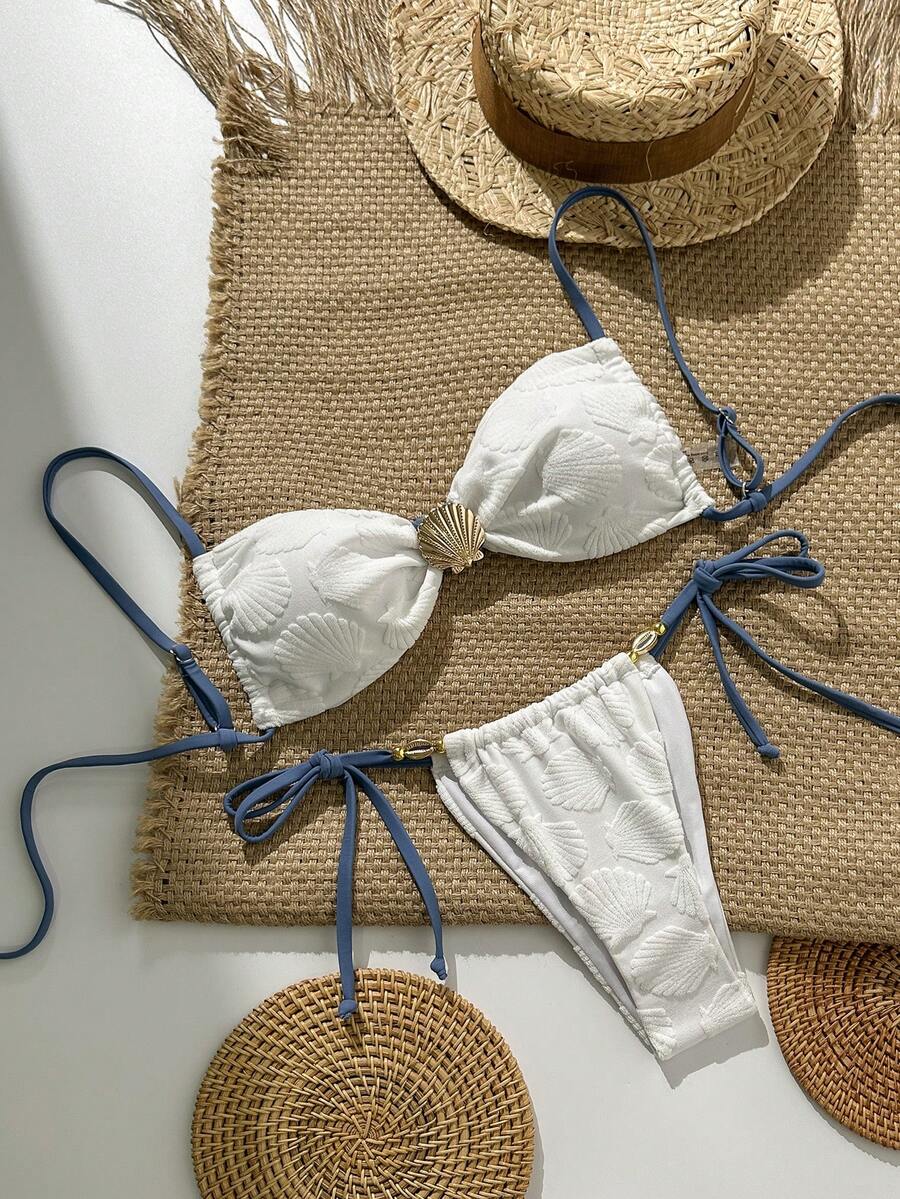 Swim Mod Conjunto de bikini con tirantes de espagueti y decoración metálica de tela jacquard para mujer, primavera/verano - Blanco - Ver 1
