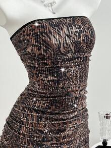 SHEIN Unity Women's Leopard Print Rhinestone Decor Bodycon Mini Dress, Sexy Off-Shoulder Knit Wrap Dress - Brown - View 6