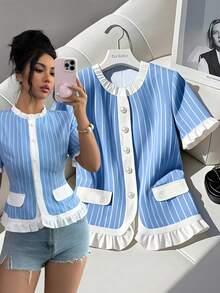 SHEIN Ladiora Women's Round Neck Blue And White Striped Contrast Color Short Sleeve Shirt - Blue and White - View 3