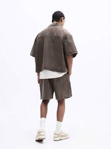 SUMWON Bộ đồ hai mảnh gồm áo sơ mi và quần short denim dáng rộng, tay ngắn, cài cúc, màu nâu xám bạc cổ điển, dáng rộng thoải mái, thích hợp cho mùa hè. - Màu be - Xem 2