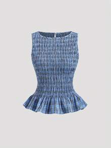 Sweetra Women's New Year Outfit, Summer Clothing, Halloween Costume, Christmas Outfit, Thanksgiving Outfit, New Arrivals, Spring/Summer/Autumn/Winter, Suitable For Party, Commute, Daily, Travel, Vacation, Summer Top, Christmas Sweater, Elegant Party Blouse, Women Beach Outfit, Plaid Top, Cute Sweet Vacation, Waist Ruched Fitted Sleeveless Round Neck Ruffle Hem Top, Blouse - Blue - View 3