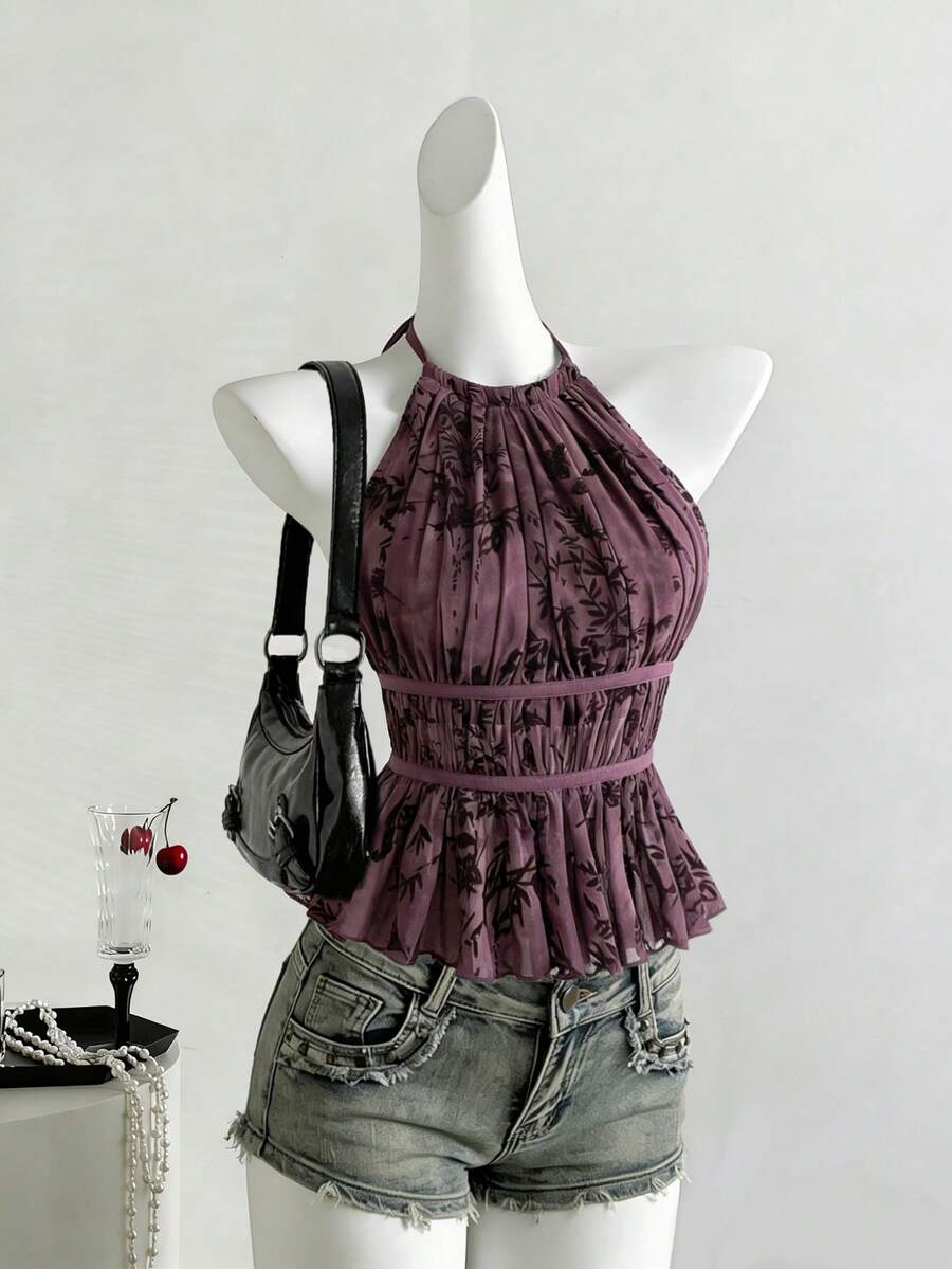 Elamini New Pleated Spaghetti Strap Tie Waist Sleeveless Crop Top, Spring/Summer - Purple - View 1