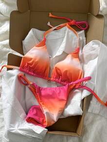 Swim Mod Conjunto de bikini de mujer con estampado de teñido anudado aleatorio, primavera/verano - Multicolor - Ver 4