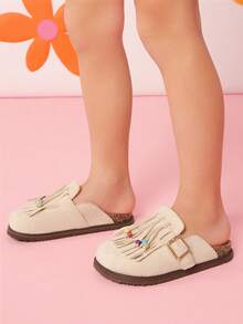 Mini mi Girl's Tassel & Bead Decor Soft-Footbed Suede Sand Clog Mules–Cute, Cozy & Comfortable Lightweight EVA Outsole - Beige - View 2