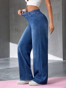 Flexra 女士直筒弹力腰休闲口袋牛仔裤，适合日常穿着 - 深色水洗藍 - 查看 8