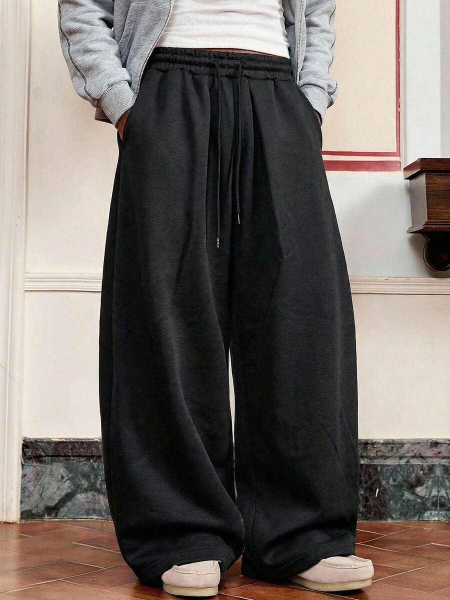 SWAVVY 男士休闲宽松运动裤，黑色，松紧腰带带口袋，春秋季 - 黑色 - 查看 1