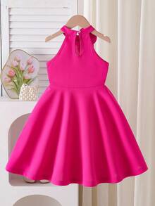 Elladie kids 女童玫红色露背吊带花朵珍珠装饰A字连衣裙，甜美公主风，适合生日派对和夏季穿着 - 玫紅色 - 查看 2