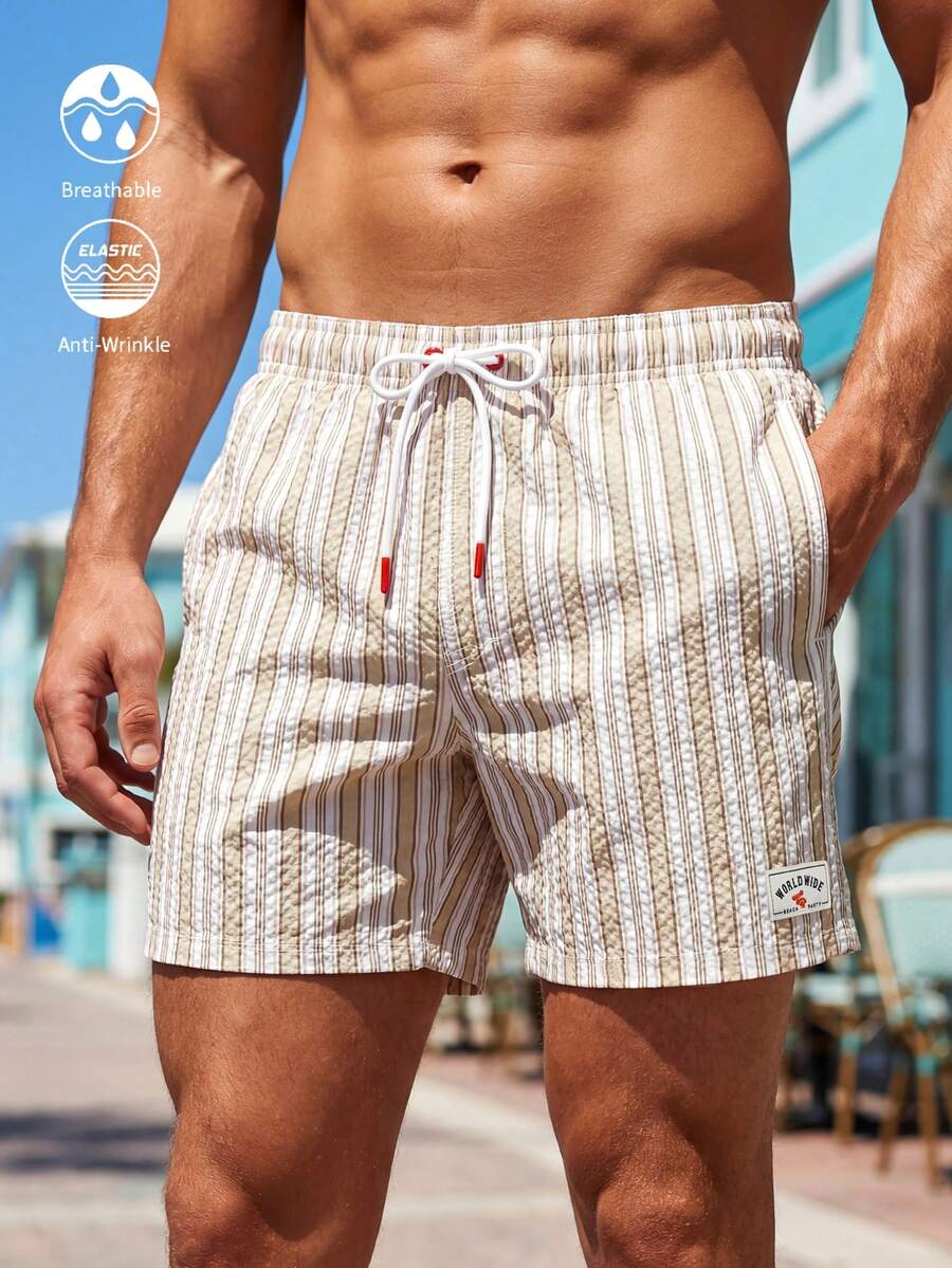 ZELFYO Men's Striped Print Drawstring Waist Pocket Beach Shorts Men Swim Trunks Men Beachwear Beige Swim Trunks Striped Swim Trunks Bathing Suit Men Beach Clothes For Men Cream Swim Trunks Beach Trunks Men S Swim Trunk Men Shorts Vacation - Apricot - View 1
