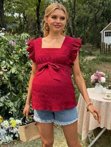 SHEIN Solid Color Textured Fabric Ruffle Sleeve Tie Bow Maternity Blouse - Burgundy - View 5