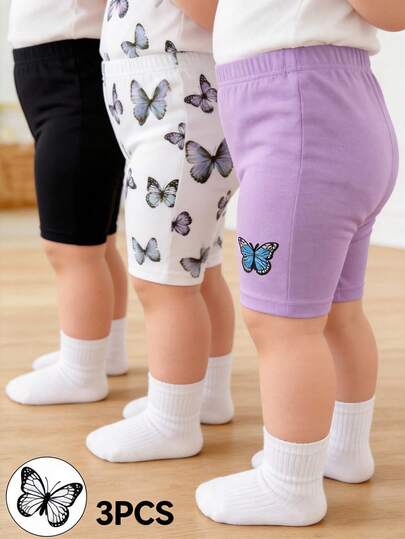 Set de 3 piezas Niña bebé Unisex Infantil Bebé 6M-3T Casual Lindo Estampado de mariposa, Estampado de mariposa en todo el diseño, Parte superior de punto de manga corta negra sólida y pantalones cortos de cintura elástica, Pantalones inferiores para niña bebé/niña pequeña, Casual minimalista, Decoración de lazo, Letra en inglés, Adecuado para primavera/verano