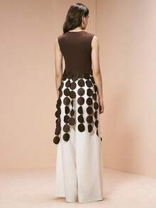 Arave 女士弹力针织不对称镂空圆形贴片流苏拼接优雅约会上衣 - 棕色 - 查看 5