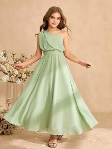 SHEIN Đầm maxi xòe thanh lịch cho bé gái tuổi teen, chất liệu chiffon, dây mảnh, eo thắt và khóa kéo phía sau, thích hợp mặc hàng ngày, dự tiệc, đám cưới, làm phù dâu, mùa xuân/hè. - màu xanh lá - Xem 3