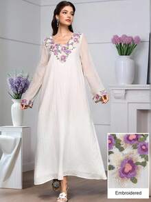 Al Najma Đầm nữ dáng rộng tay dài, xòe, viền ren hoa, thanh lịch. - Màu be - Xem 4