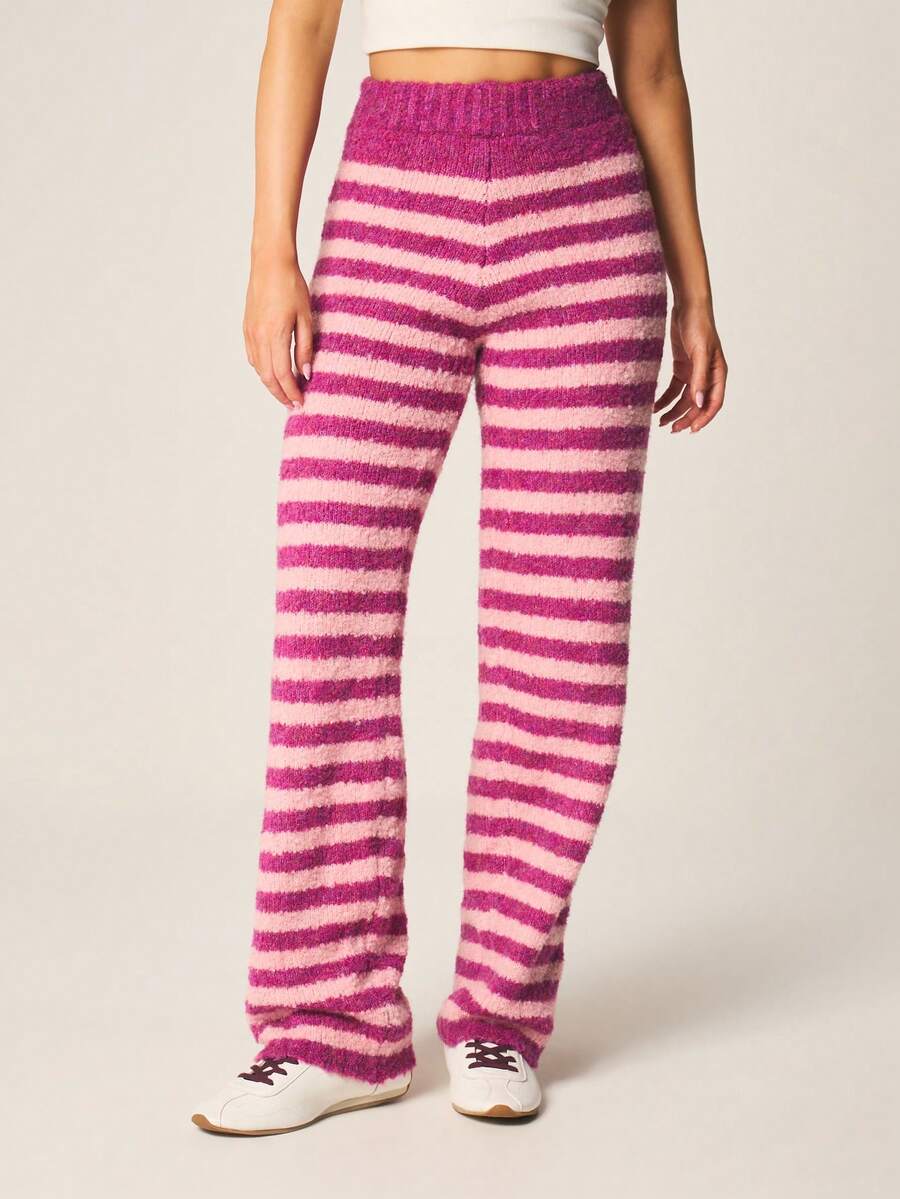 MISSGUIDED Women's Fuzzy Striped Straight Leg Sweater Pants High Waisted Cozy Knit Loungewear Casual Winter Fall Comfort Trousers - Multicolor - View 1