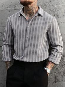 Manfinity Homme 男士復古棕色與白色條紋休閒長袖襯衫，秋季男士灰色正裝襯衫，正式 - 灰色 - 查看 5