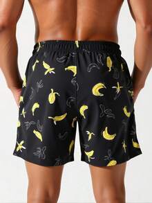 Manfinity Swimmode 男士休闲印花沙滩短裤 - 黑色 - 查看 2