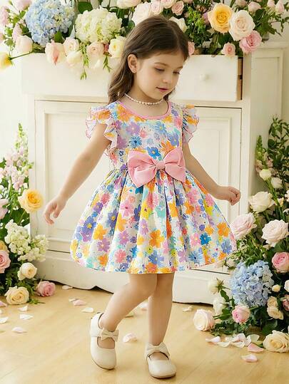 SHEIN 女宝宝夏季生日派对度假印花荷叶边袖口撞色蝴蝶结装饰伞裙