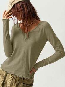 Bohemela 女士度假波西米亚风休闲秋冬 V 领长袖宽松 T 恤 - 軍綠色 - 查看 3