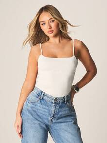 MISSGUIDED Ribbed Knit Sleeveless Spaghetti Strap Square Neck Bodysuit With Classic Fitted Silhouette For Casual Everyday Wear - White - View 1