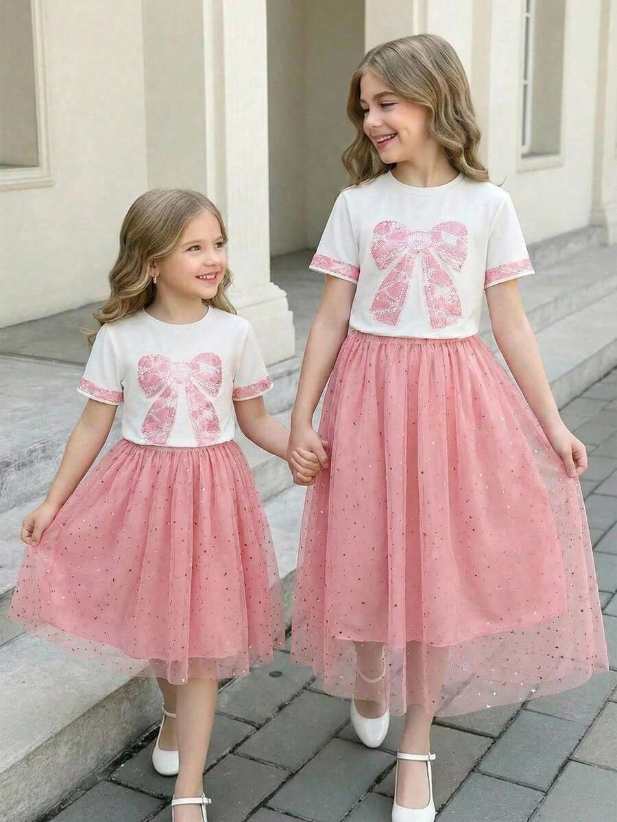 SHEIN 两件套少女休闲珠宝装饰圆领短袖T恤搭配优雅薄纱亮片半裙，春夏皆宜，适合度假、旅行。 - 彩色 - 查看 1