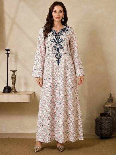 Yasmyna Women's Loose Printed Long Sleeve Arabic Dress