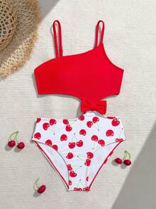 Cute Cherry Print One-Piece Swimsuit For Tween Girls - Multicolor - View 5