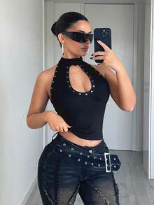 Jeanoix Camiseta sin espalda de cuello halter de unicolor y sexy para mujer - Negro - Ver 4