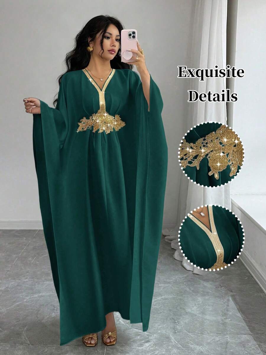 SHEIN Elenzya 金色滚边装饰优雅收腰修身中长连衣裙 - 墨綠色 - 查看 1