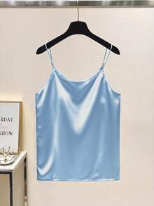 GlowEve Elegant Commuter Chic French Style V-Neck Satin Camisole Top With Pearl Decor For Women - Blue - View 2