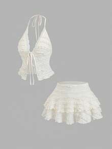 Sweetra Bộ đồ thời trang nữ phong cách nghỉ mát, lãng mạn kiểu bãi biển, chân váy xếp ly hai lớp ngắn, áo hai dây cổ yếm, bộ 2 mảnh ngọt ngào, mùa xuân/hè. - Màu be - Xem 3