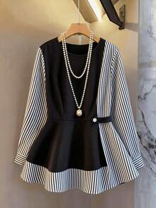 GlowEve CURVE Women's Spring/Summer Striped Patchwork Ruffle Hem Long Sleeve Blouse, Lightweight Elegant Office/Casual Wear - Black and White - View 1