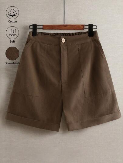 Linhara Plus Size Shorts, Classic Minimalist Design, Suitable For Party, Vacation, Date, Slimming, Casual, Versatile, Comfortable, Fashionable, Elegant For Daily Wear Khaki Shorts Women Brown Shorts Women Plus Size Shorts High Waist Casual Shorts For Women Linen Shorts For Women