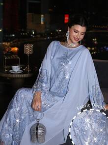 Layrah Luxury Blue Chiffon Patchwork Beaded Embroidered Batwing Dress, Spring/Summer - Blue - View 6