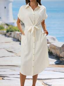 INAWLY Women's Striped Lapel Single-Breasted Knotted Waist Casual Vacation Daily Wear Midi Dress - Beige - View 3