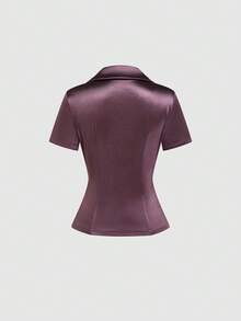 Balvessa Women's Fashion Lapel Waist Button Pleated Asymmetrical Hem Elegant Elegant Casual, Vacation, Outing, Party Shirt, Spring/Summer - Mauve Purple - View 2