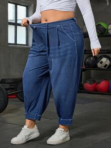 Flexra 大码女式口袋纽扣休闲牛仔哈伦裤，百搭街头风 - 深色水洗藍 - 查看 4