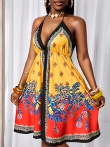 BamGleam Women's Spaghetti Strap Tie Backless Floral Print Ruffle Sexy Date Party Mid-Length Slip Dress - Multicolor - View 1