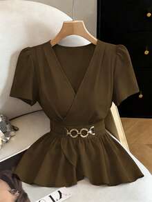 Selianne Áo cánh dáng ôm, cổ chữ V, tay áo xếp nếp, trang trí eo, cài nút, viền chéo, thiết kế xếp nếp, thanh lịch, đa năng, mặc hàng ngày - màu nâu - Xem 3