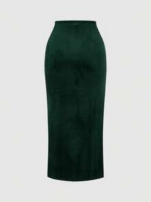 SHEIN MOD 女士不对称下摆丝绒迷你裙，冬季服装，晚宴裙，感恩节服装，优雅半裙，晚宴裙，时尚婚礼裙，红色半裙，毕业典礼，派对，秋季，女士秋季服装，女士冬季服装 - 墨綠色 - 查看 2