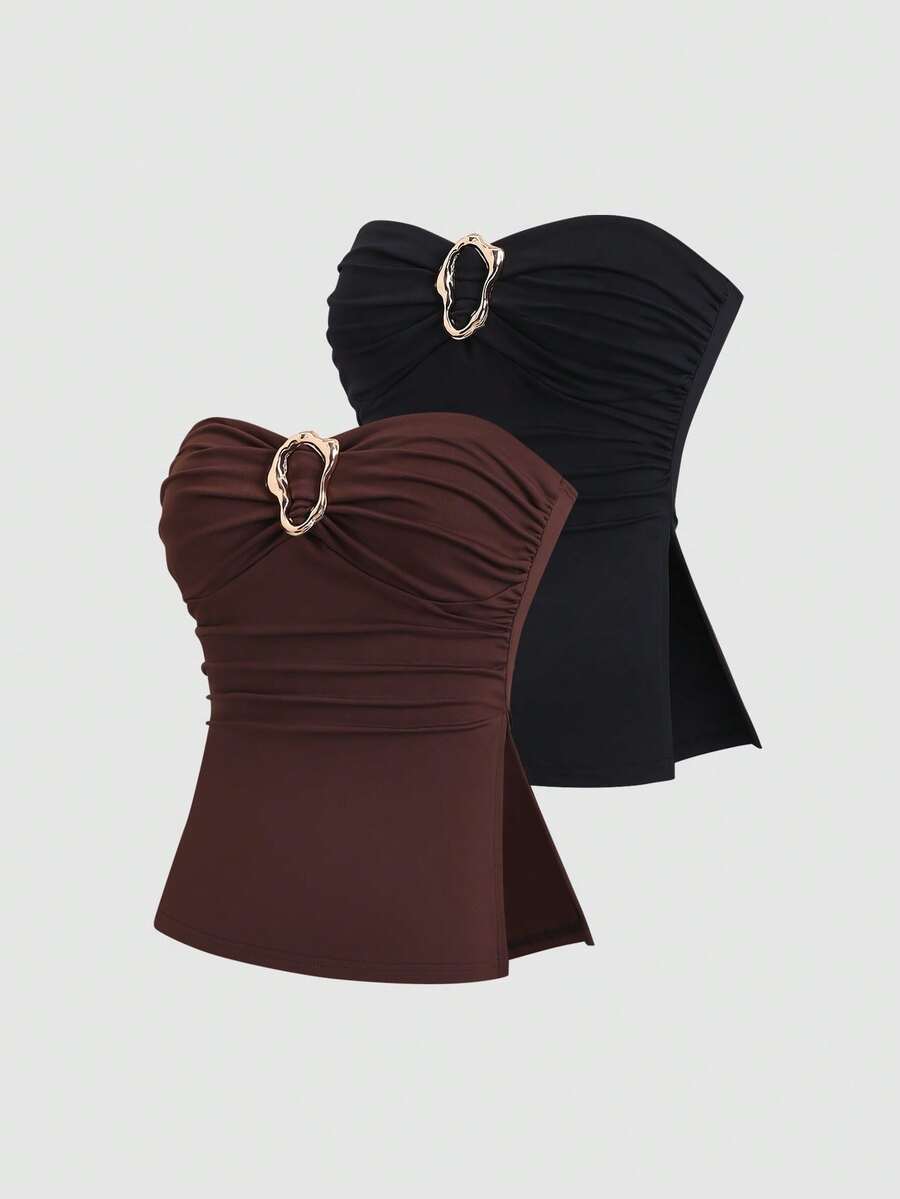 Sweetra Top corto con pliegues tipo bandeau de moda casual para mujer - Multicolor - Ver 1