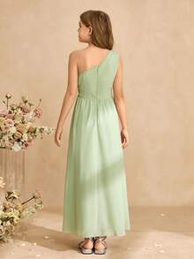 SHEIN Đầm maxi xòe thanh lịch cho bé gái tuổi teen, chất liệu chiffon, dây mảnh, eo thắt và khóa kéo phía sau, thích hợp mặc hàng ngày, dự tiệc, đám cưới, làm phù dâu, mùa xuân/hè. - màu xanh lá - Xem 2