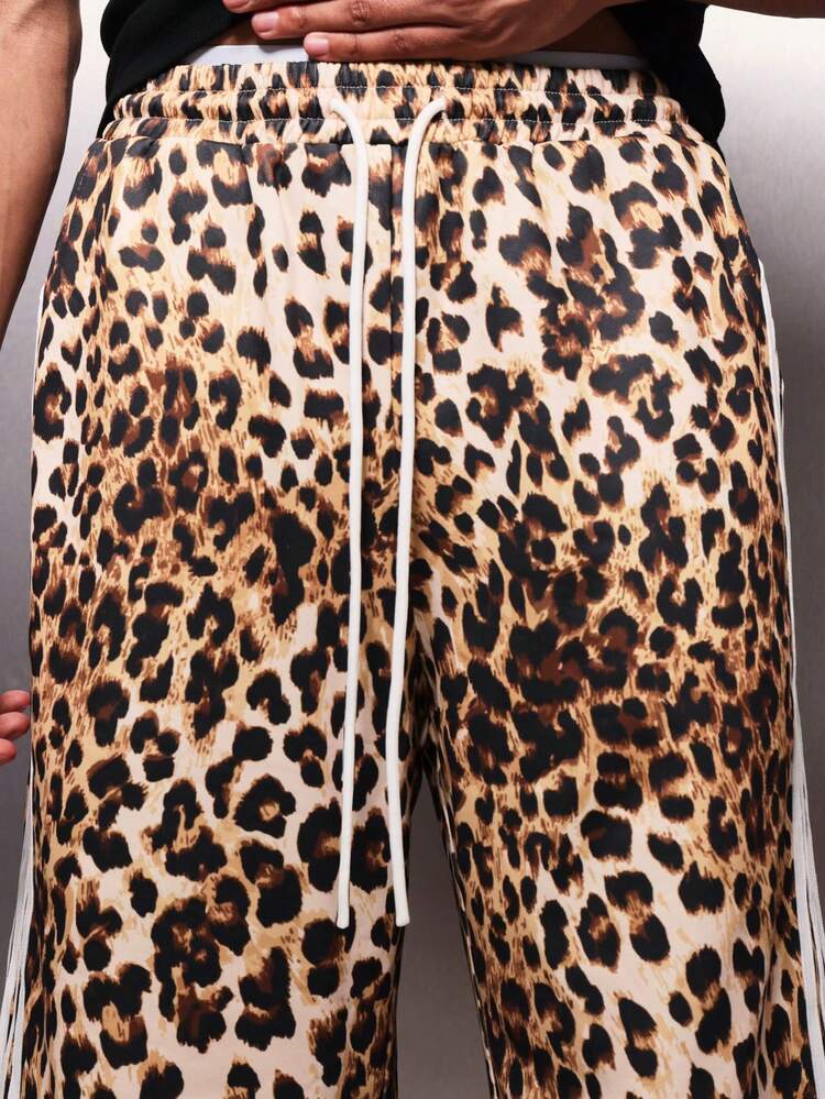 PLAYBOY X SUMWON Men's Leopard Print Jersey Jorts With White Side Stripes Knee Length Pull On Basketball Style Casual Shorts