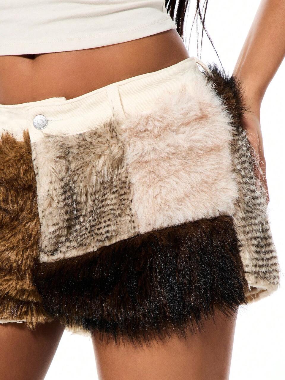 SUMWON Deconstructed Patchwork Fur Denim Booty Shorts With Mixed Animal Print Textures And Button Closure For Fall Winter