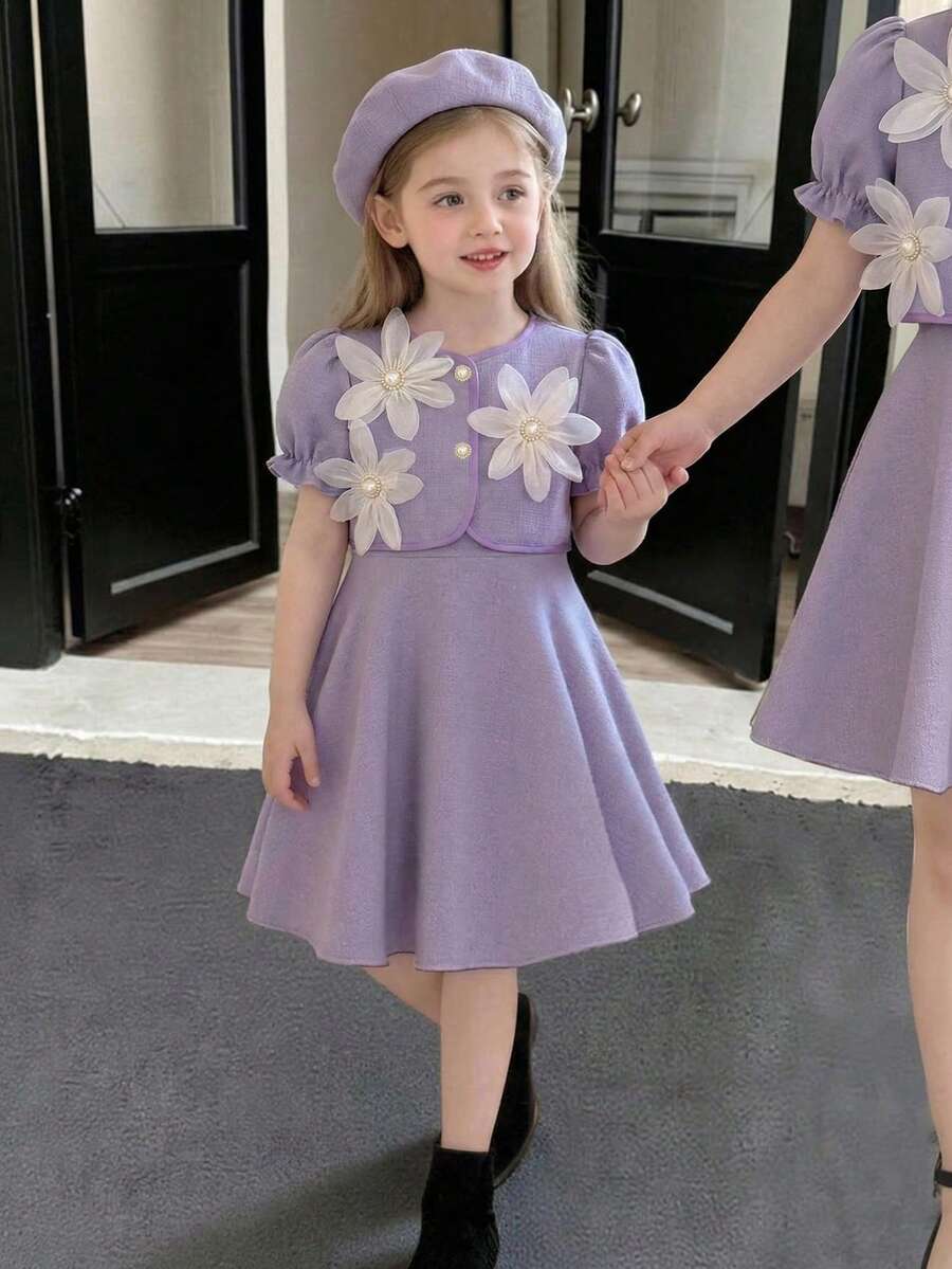Souflis Everyday Casual Young Girls Purple Polyester Co-Ord Set With Floral Embellishments Round Neck Puff Short Sleeves And Short Length - Purple - View 1