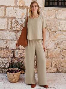 Parysyn 大号梭织纯色休闲夏季两件套 - 杏色 - 查看 2