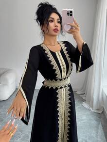 SHEIN Najma 刺绣装饰长袖阿巴雅长袍和无袖连衣裙优雅套装 - 黑色 - 查看 9