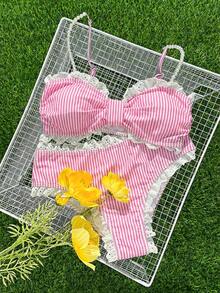 Swim Mod Set Bikini Pantai Musim Panas Baru dengan Hiasan Renda, Manis dan Lucu, Bergaris Merah Muda dan Putih dengan Trim Rumbai - Berwarna merah muda - View 4