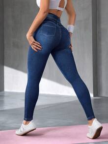 Flexra 女士高腰紧身牛仔裤 - 深色水洗藍 - 查看 8