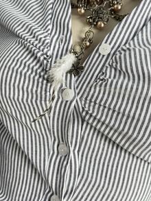 SHEIN Jeanoir Randig, kortärmad, enkelknäppt, veckad pendlarskjorta för kvinnor - Multifärgad - Visa 5