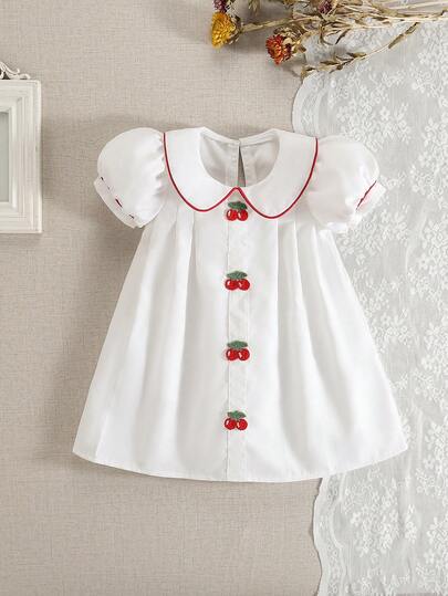SHEIN Baby Girls' Cherry Decor Peter Pan Collar Dress, Japanese Sweet Style, Suitable For Spring/Summer Outings, Kindergarten Parties, Fresh And Cute To Show Childlike Charm